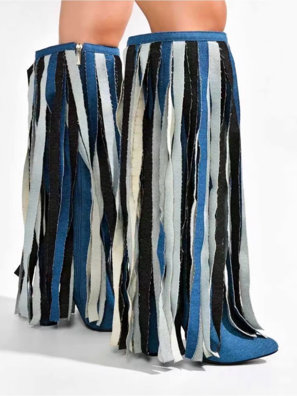 Gorgeous Blue Fringe Knee-High Heeled Boots - Picture 2 of 15